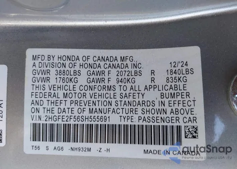 2025 Honda Civic Sport z USA, uszkodzony, nr VIN 2HGFE2F56SH555691